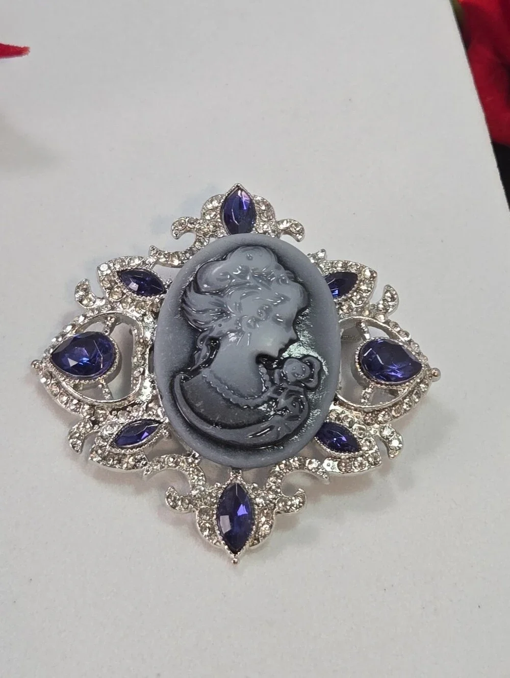Silver Blue Cameo Brooch Victorian Rhinestone Filigree Diamond Pendant Pin Glam